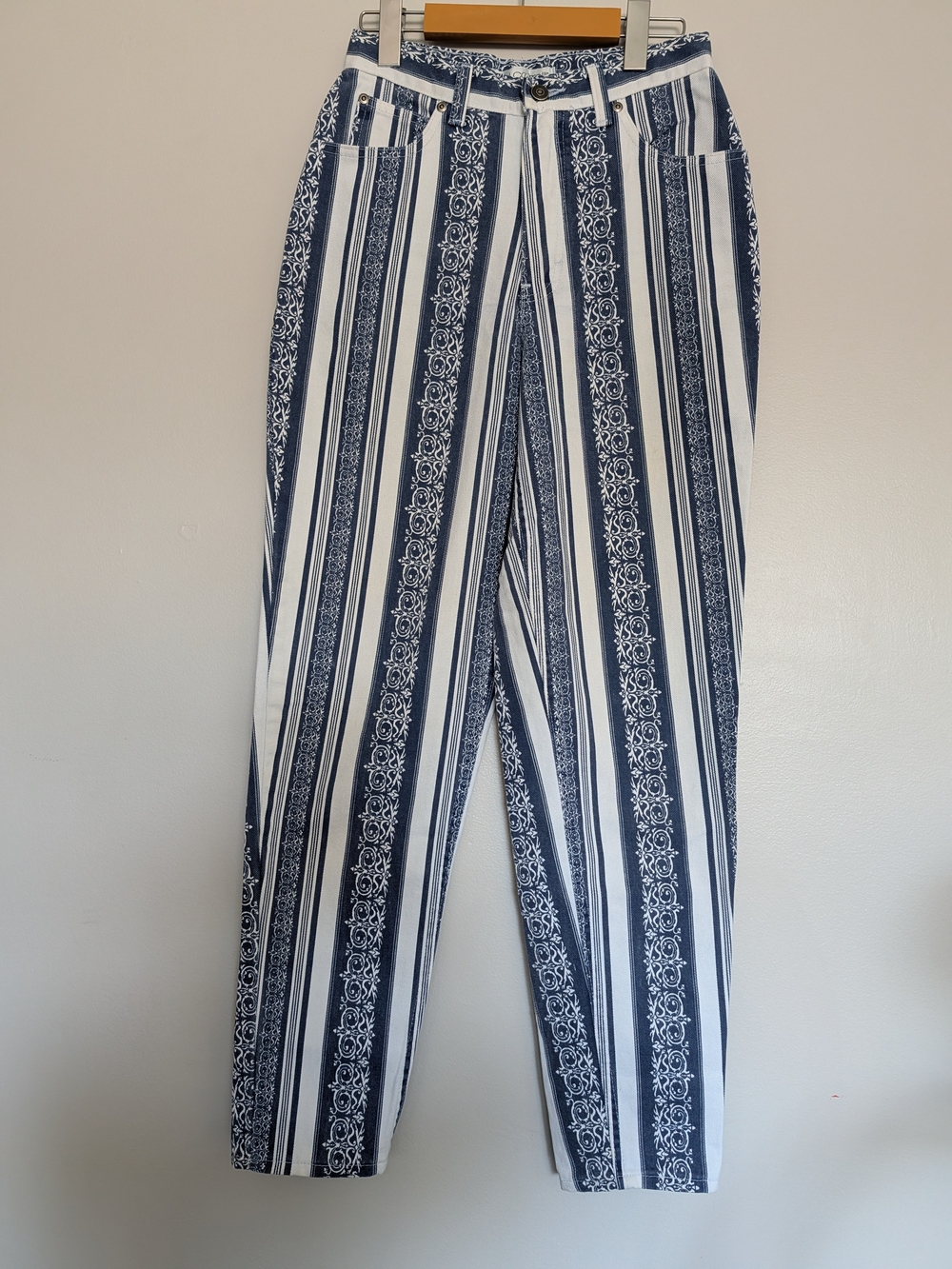 Vintage MJ Carroll High Rise Baroque Stripe Denim Jeans Made in USA Size 8
